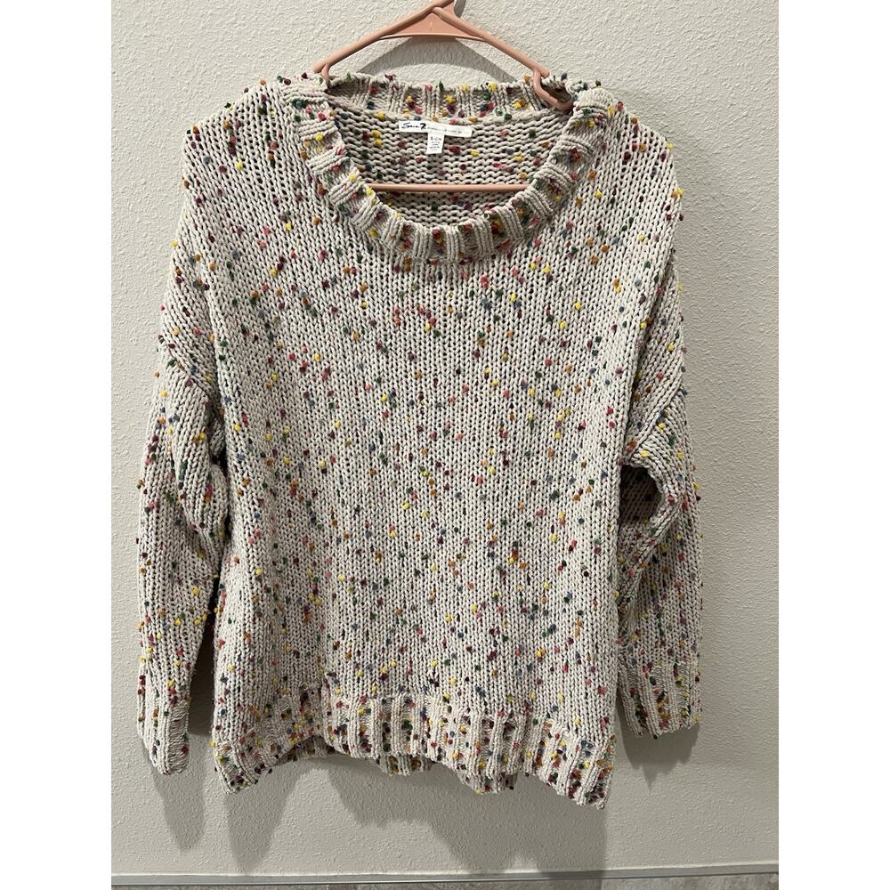 Seven7 Confetti Pom Pom Crew Neck Knit Cream Sweater Multicolor Size Small S